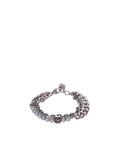 Alexander Mcqueen Pearl And Skull Stud Bracelet In A.silver Pearl