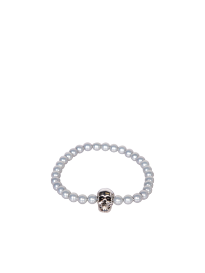 Alexander Mcqueen Beaded Skull Silver Bracelet In Grey
