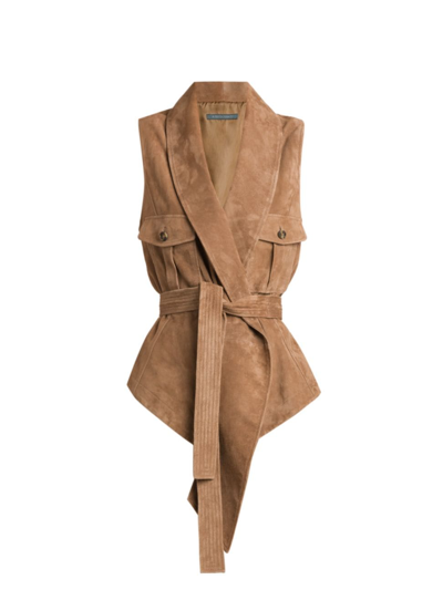 Alberta Ferretti Suede Leather Belted V-neck Vest In Beige