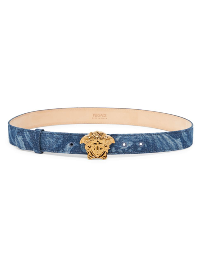 Versace La Medusa Barocco Denim & Leather Belt In Blue