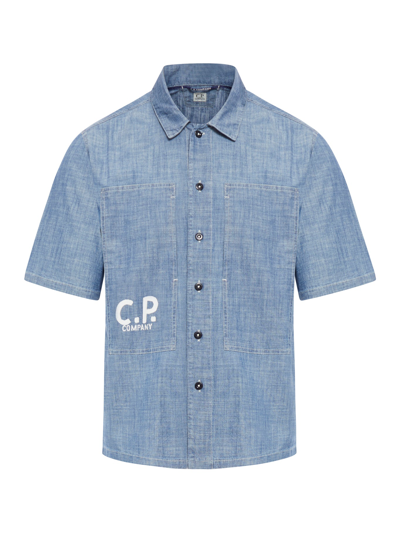 C.p. Company Chambray Short Sleeved Logo Shirt In Grey