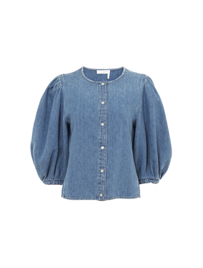 Chloé + Net Sustain Recycled Cotton And Linen-blend Denim Blouse In Blue