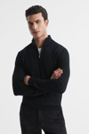 Reiss Blackhall - Black Merino Wool Half-zip Funnel Neck Jumper, M