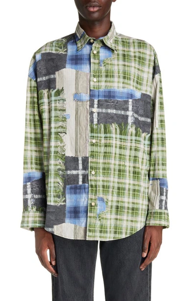 ACNE STUDIOS OVERSIZE PLAID & STRIPE PATCHWORK BUTTON-UP SHIRT