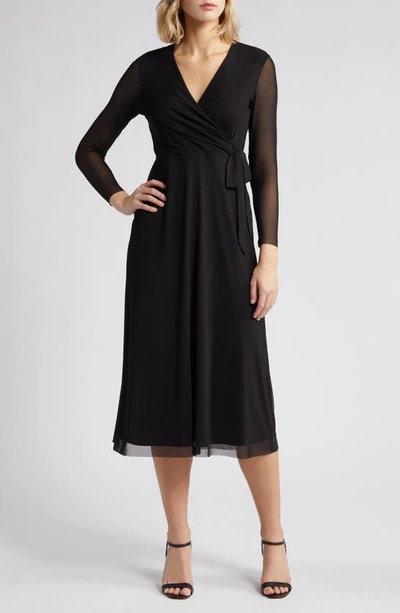 Anne Klein Long Sleeve Midi Wrap Dress In Anne Black