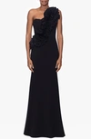 Betsy & Adam Rosette One-shoulder Trumpet Gown In Black