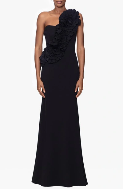 Betsy & Adam Rosette One-shoulder Trumpet Gown In Black