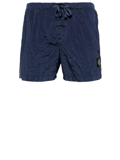 Stone Island Compass-patch Crinkled Swim Shorts In Light Blue