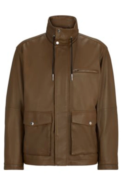 Hugo Boss Relaxed-fit Jacket In Lamb Leather With Inside Pockets In Light Brown