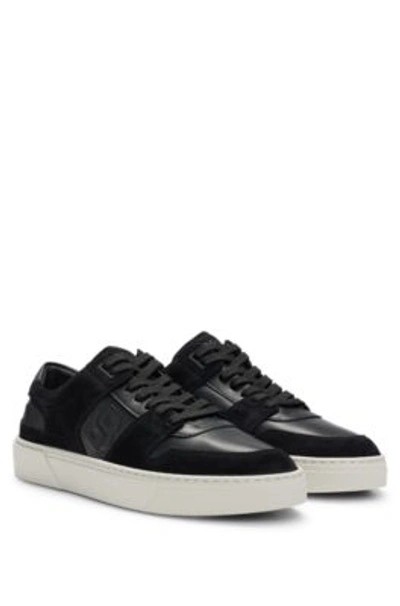 Hugo Boss Double-monogram Trainers In Suede And Leather In Black