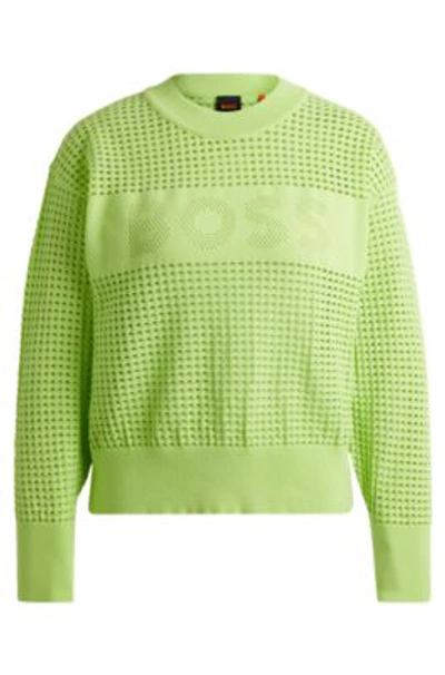 Hugo Boss Open-knit Sweater With Logo Detail In Green