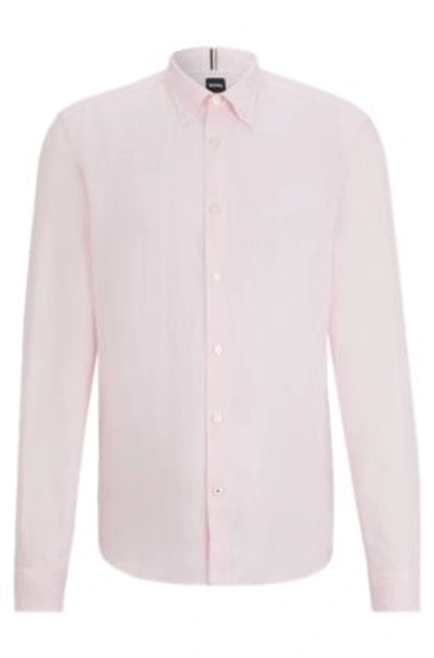 Hugo Boss Regular-fit Linen Shirt With Button-down Collar In Light Pink