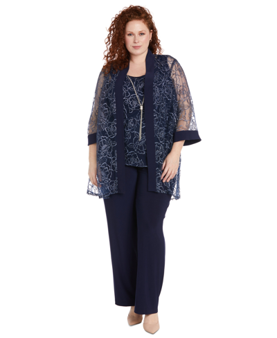 R & M Richards Plus Size Lace Jacket, Top & Pull-on Pants In Navy,silver