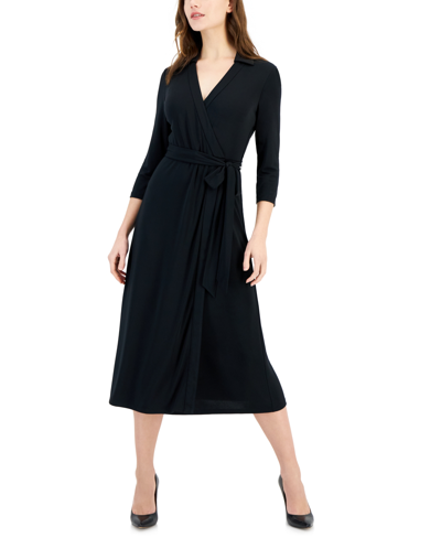 Anne Klein Women's Faux-wrap Collared Midi Dress In Anne Black