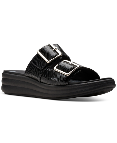 Clarks Women's Drift Buckle Slip-on Slide Wedge Sandals In Black Embossed