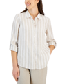 CHARTER CLUB PETITE 100% LINEN STRIPE BUTTON FRONT TOP, CREATED FOR MACY'S