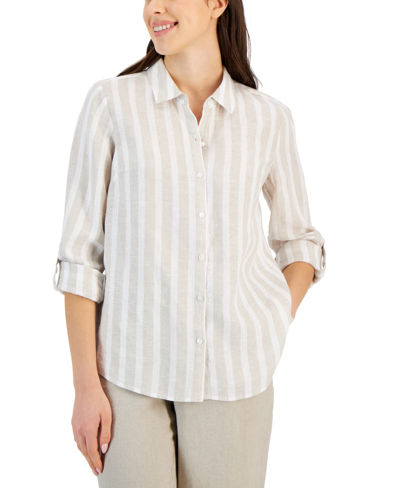 Charter Club Women's 100% Linen Striped Tab-sleeve Shirt, Created For Macy's In Flax Combo