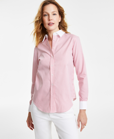 Jones New York Women's Striped Contrast-trim Button-front Cotton Top In Nyc White,guava