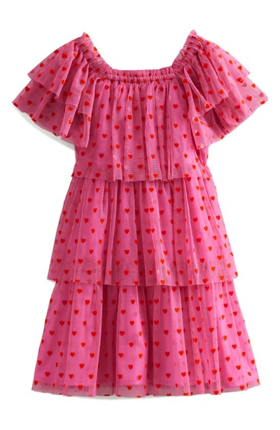 Mini Boden Kids' Tiered Tulle Dress Strawberry Pink Hearts Girls Boden