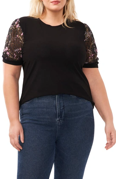 Cece Floral Sleeve Mixed Media Knit Top In Rich Black