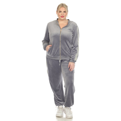 White Mark Plus Size 2-piece Velour With Faux Leather Stripe In Grey