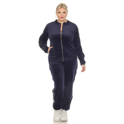 White Mark Plus Size 2-piece Velour With Faux Leather Stripe In Blue