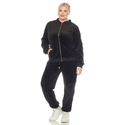 White Mark Plus Size 2-piece Velour With Faux Leather Stripe In Black