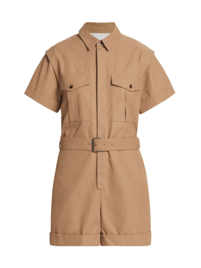Frame Womens Khaki Tan Utility Patch-pocket Belted Cotton-blend Playsuit