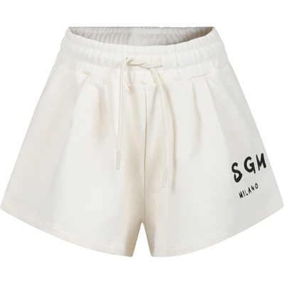 Msgm Kids' Ivory Shorts For Girl With Logo In Crema
