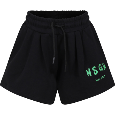 Msgm Kids' Logo-print Cotton Shorts In Nero