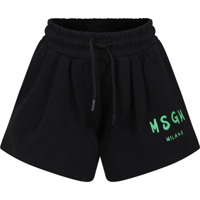 Msgm Kids' Logo印花棉短裤 In Nero