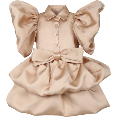 Caroline Bosmans Kids' Beige Dress For Girl With Ruffles And Bow