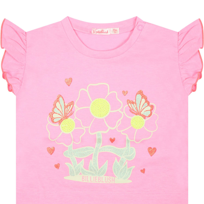 Billieblush Fuchsia T-shirt For Baby Girl With Ruffles And Multicolored Print