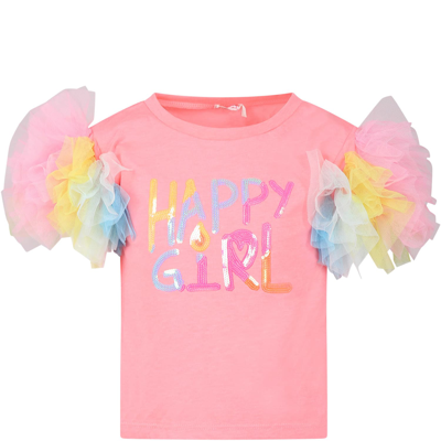 Billieblush Kids' Fuchsia T-shirt For Girl With Tulle And Multicolor Print