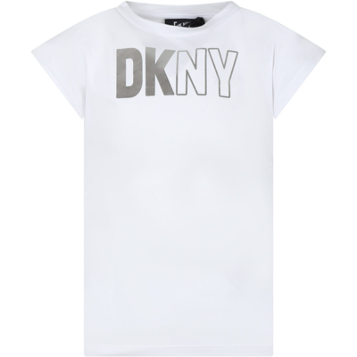 Dkny Kids' White T-shirt For Girl With Silver Logo