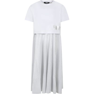 Dkny Kids' Casual White Dress For Girl With Logo In Silver