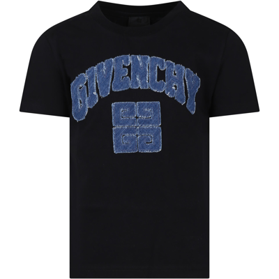 Givenchy Kids' Black T-shirt For Boy With Denim Logo In Nero