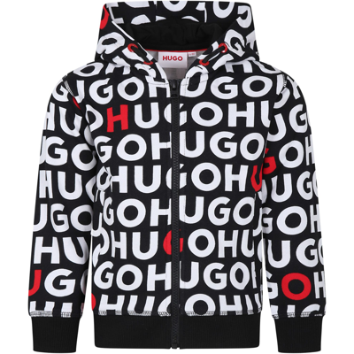 Hugo Boss Kids' Black Hooded Sweatshirt For Boy With All-over Logo