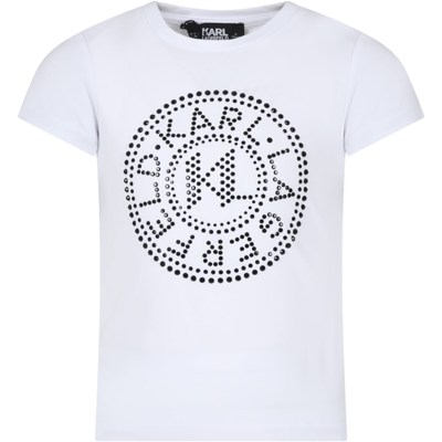 Karl Lagerfeld Kids' White T-shirt For Girl With Rhinestone Logo Print