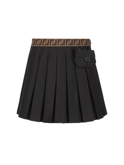 Fendi Kids' Logo Waistband Pleated Skirt In Nero