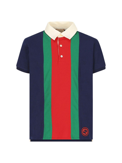 Gucci Kids Logo Embroidered Striped Polo Shirt In Blu