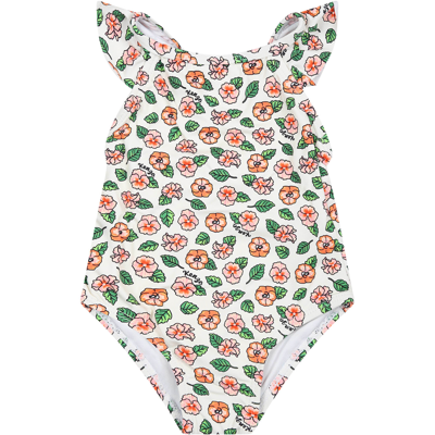Kenzo White Swimwuit For Baby Girl With Floral Print In Bianco