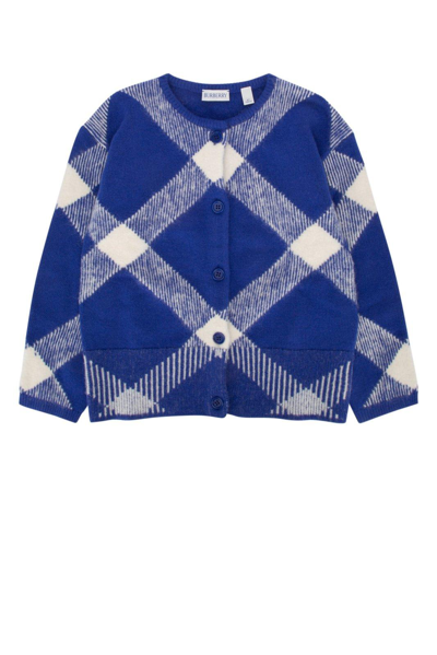 Burberry Kids' Checked Knit Cardigan In Blu