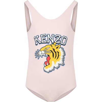 Kenzo Kids' Pink Swimwuit For Girl With Print And Logo