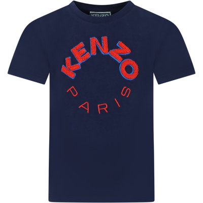 Kenzo Kids' Logo-embroidered Cotton T-shirt In A Marine