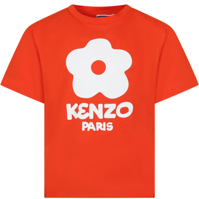 Kenzo Red T-shirt For Girl With Flower In Bright Red