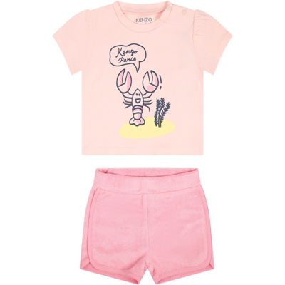 Kenzo Pink Sporty Suit For Baby Girl With Printing