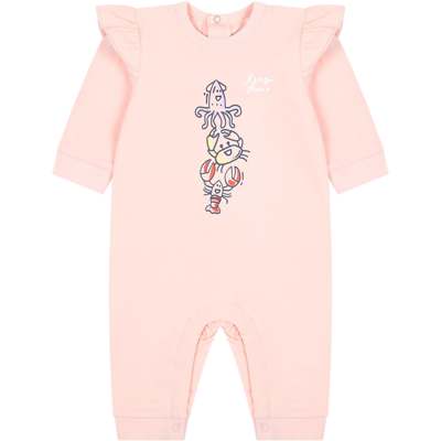Kenzo Pink Babygrow For Baby Girl With Print And Logo
