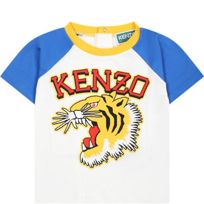 Kenzo White Baby Boy T-shirt With Iconic Tiger Print In Bianco