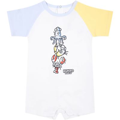 Kenzo White Romper For Baby Boy With Marine Animals And Logo